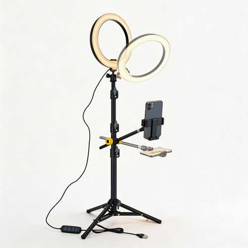 10-Inch Overhead Ring Light with Phone Holder three quarter view showing dual rings and controller
