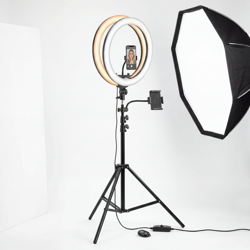 10-Inch Overhead Ring Light front view with phone mounted in center warm lighting studio setup