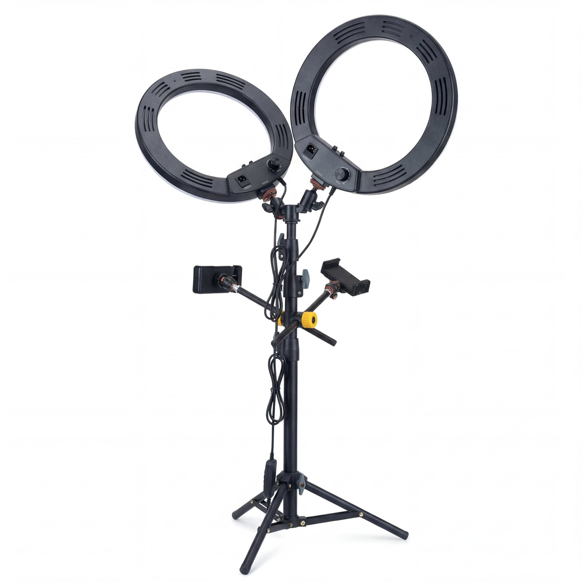 10-Inch Overhead Ring Light rear three quarter view showing dual ring backs and phone holders