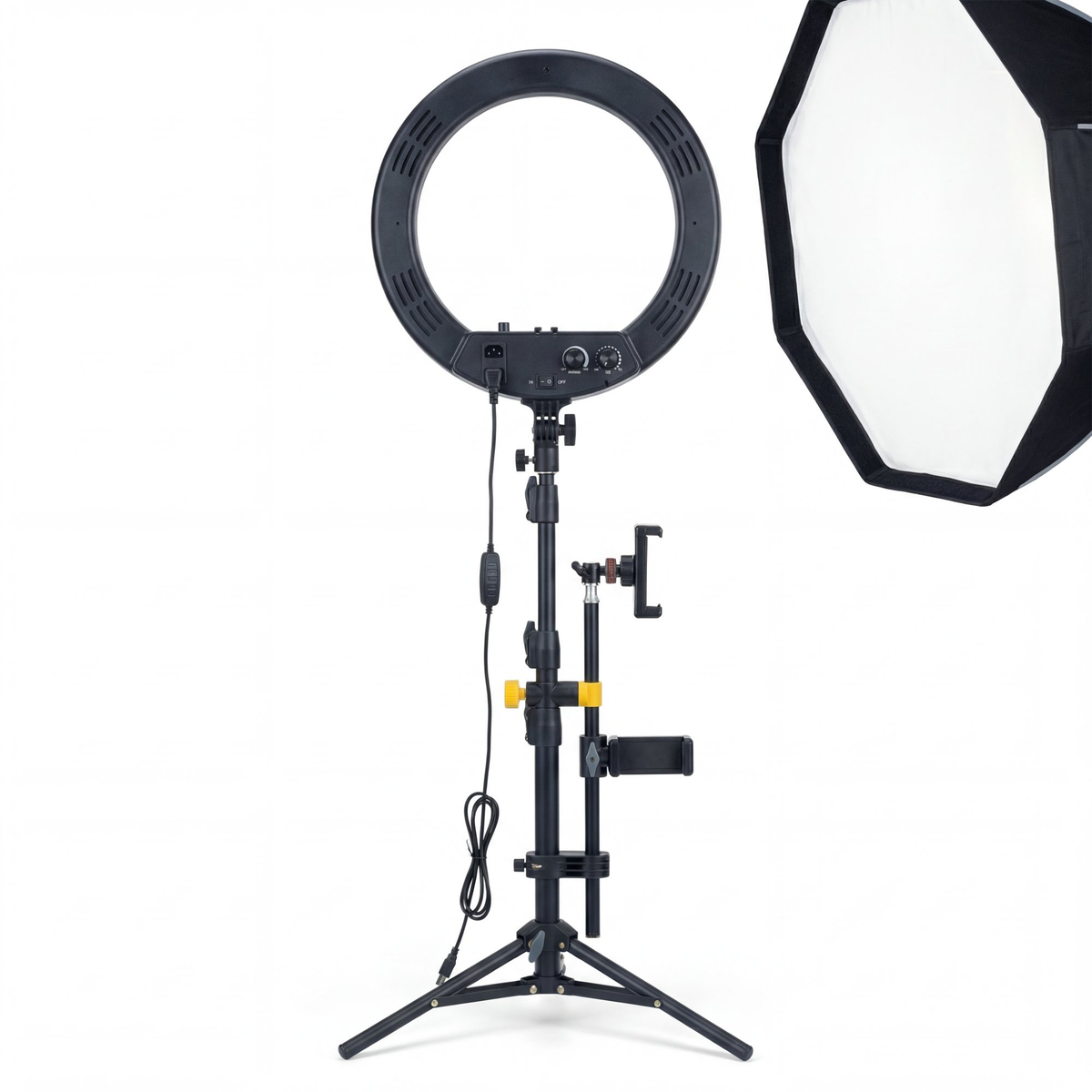 10-Inch Overhead Ring Light back panel showing ON OFF switch and dimmer color controls
