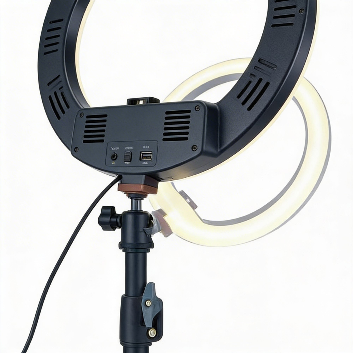 10-Inch Overhead Ring Light detail close-up of port panel USB power and ball head mount