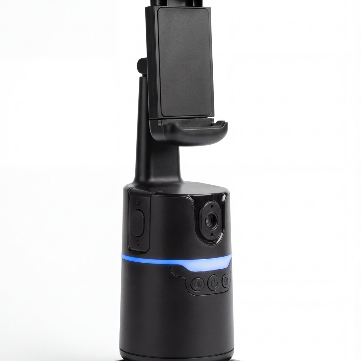 360 AI Auto-Tracking Phone Mount front view with blue LED indicator on desktop base
