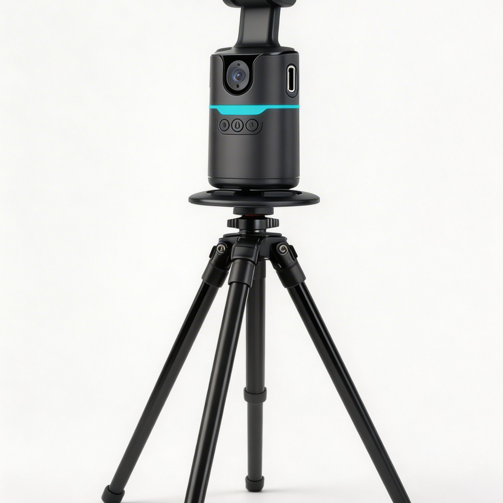 360 AI Auto-Tracking Phone Mount on full tripod stand front left angle