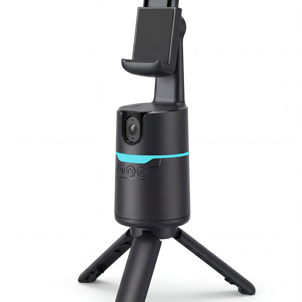 360 AI Auto-Tracking Phone Mount on mini tripod three quarter right view