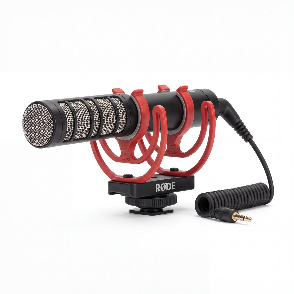 Clip-On Directional Shotgun Mic three quarter front right view showing mesh grille and coiled cable
