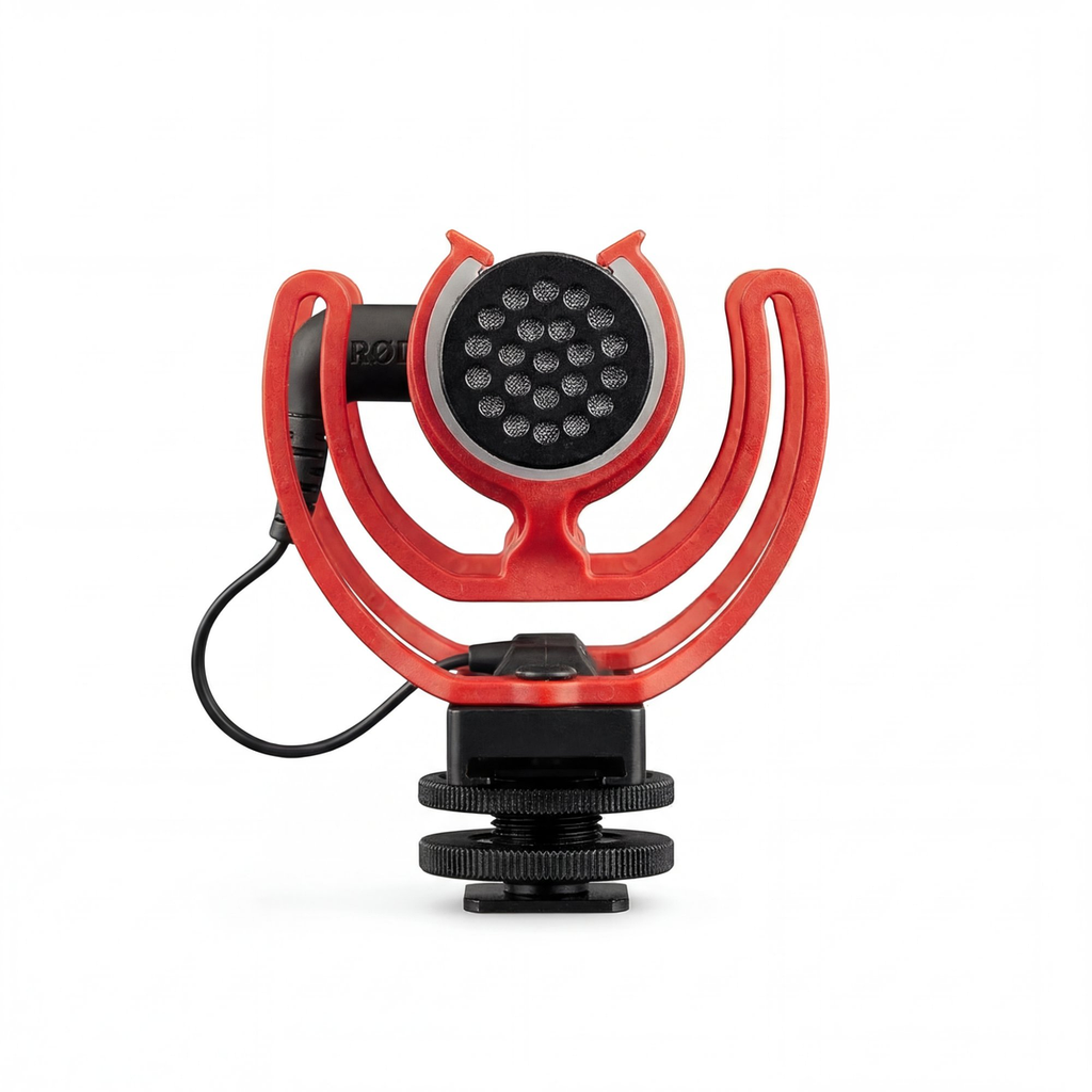 Clip-On Directional Shotgun Mic front end view showing capsule through red shock mount