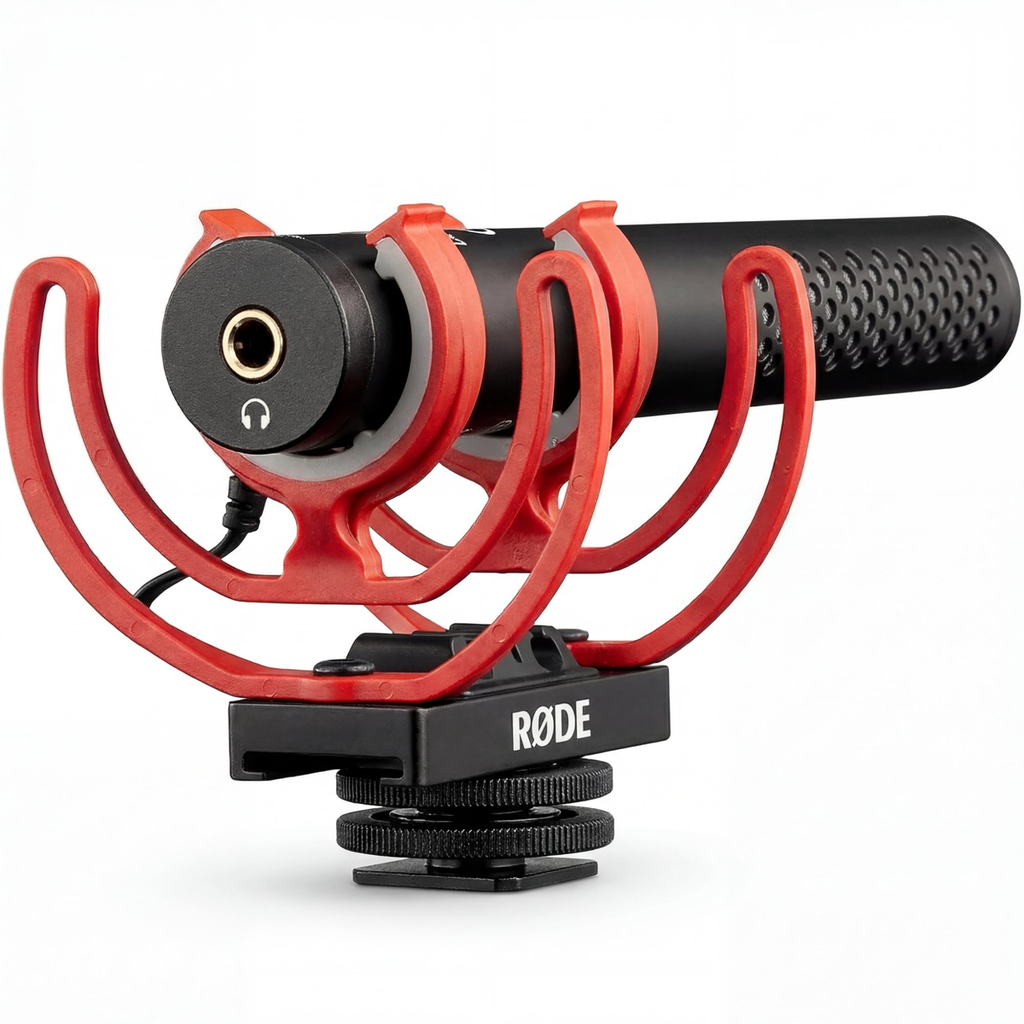 Clip-On Directional Shotgun Mic rear view showing headphone monitoring jack and hot shoe mount