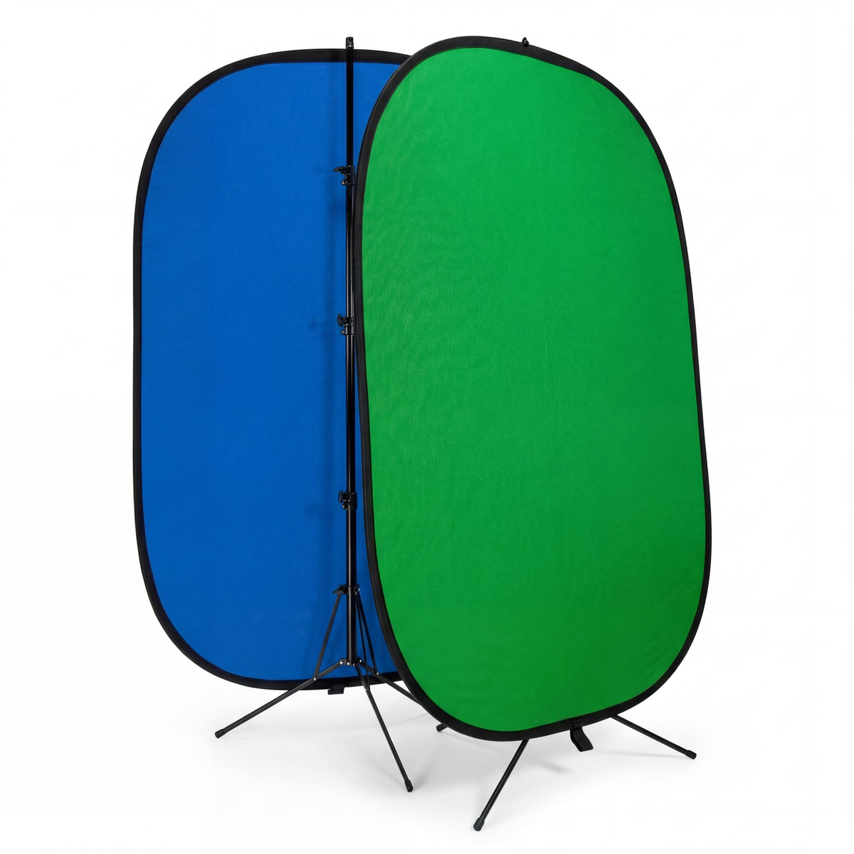 Portable Collapsible Green Screen showing reversible green and blue chroma key sides