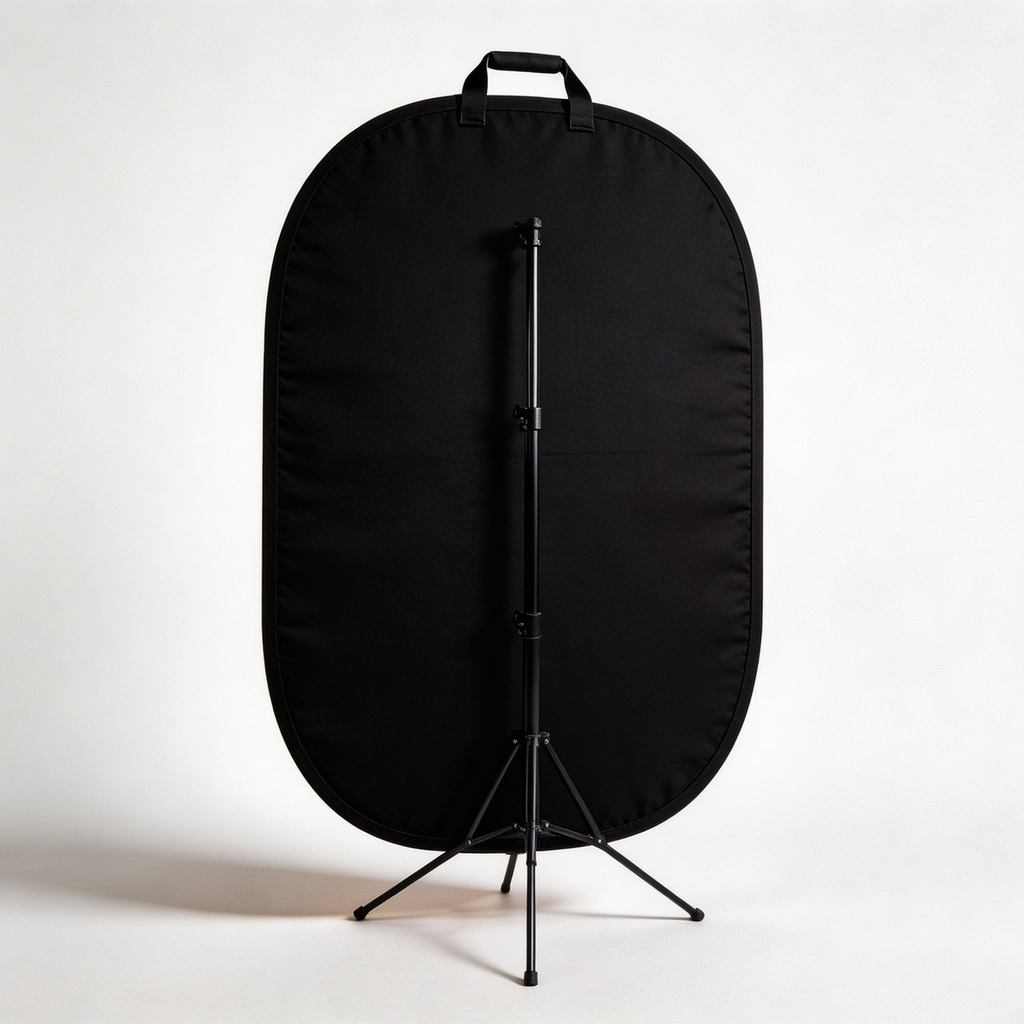 Portable Collapsible Green Screen rear view showing black backing on tripod stand