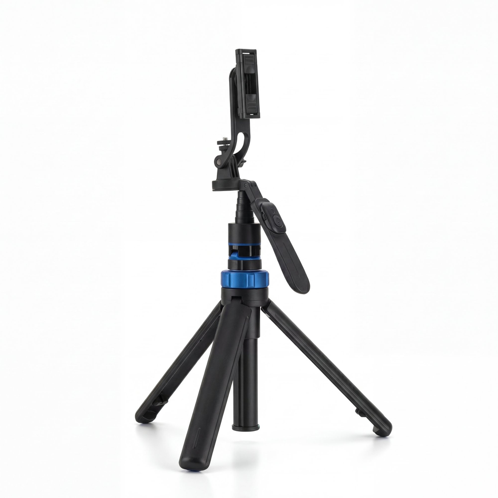 Mini Tripod with Bluetooth Remote three quarter front view legs open blue accent ring