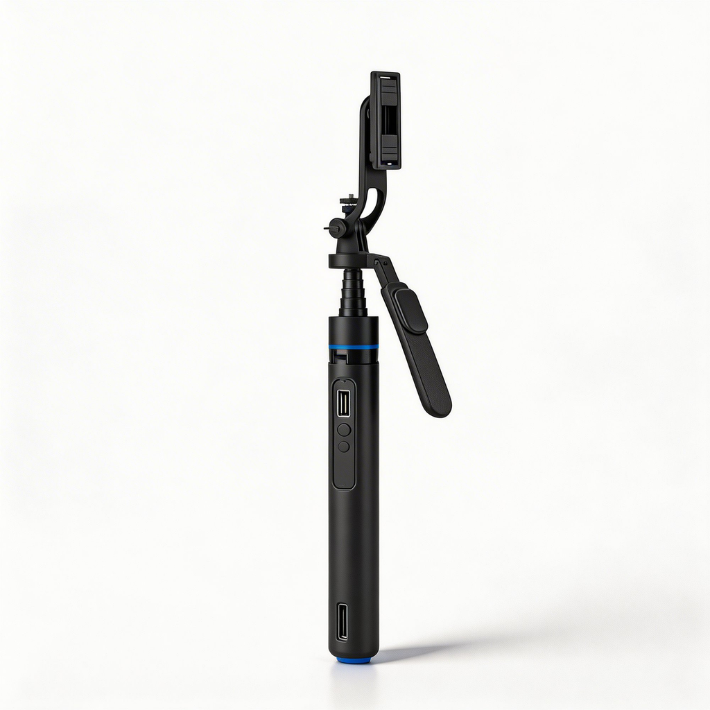 Mini Tripod with Bluetooth Remote side view showing USB-C charging port and controls