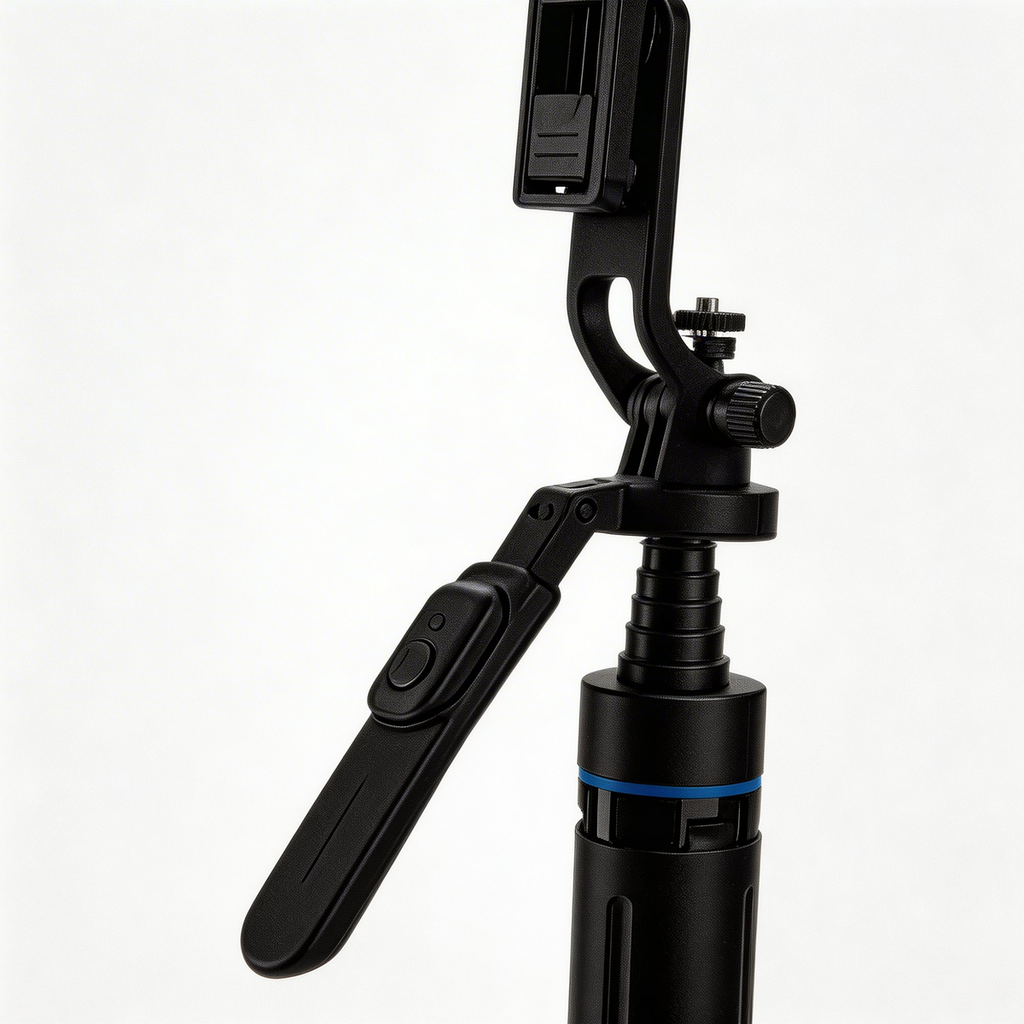 Mini Tripod with Bluetooth Remote detail close-up of ball head phone clamp and remote