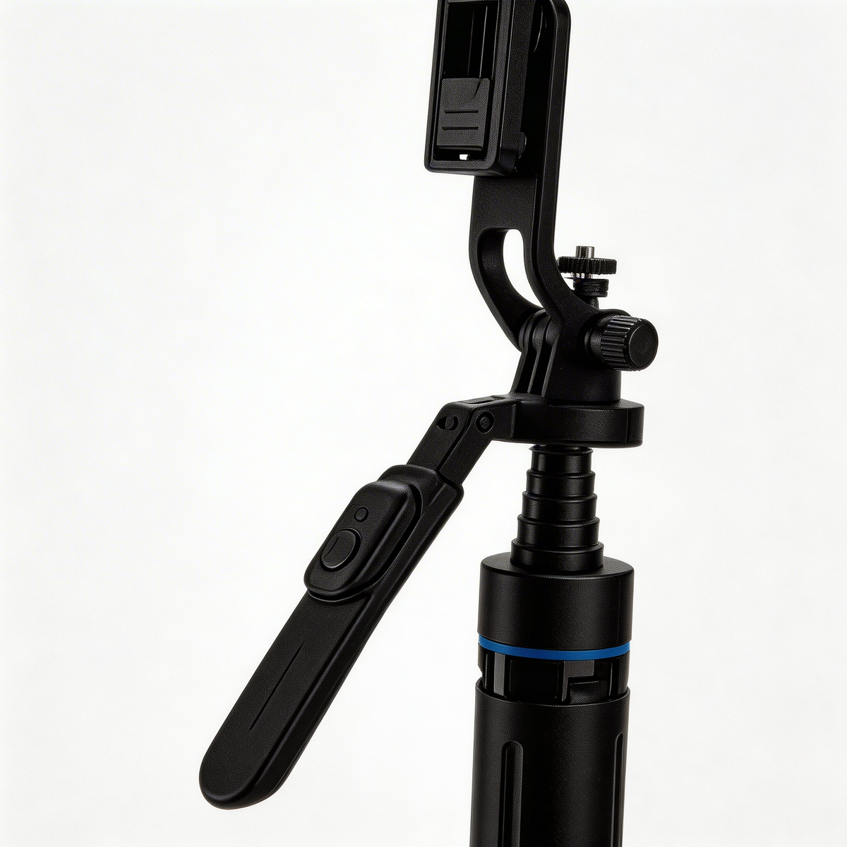 Mini Tripod with Bluetooth Remote detail close-up of ball head phone clamp and remote