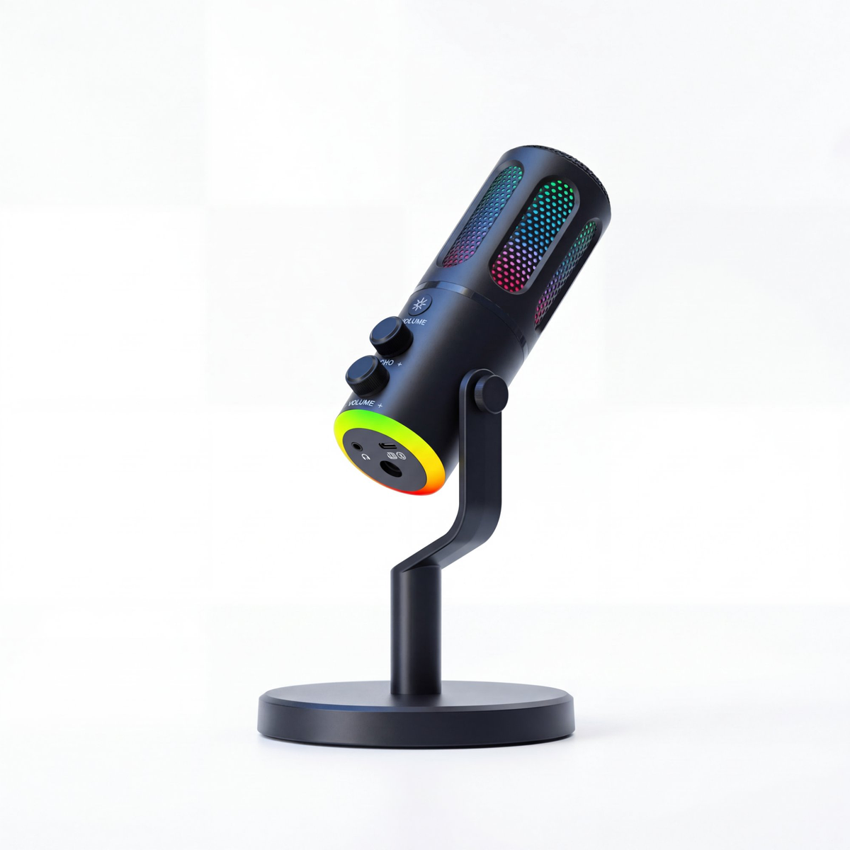 USB-C Desktop Condenser Mic with RGB lighting active showing green pink gradient on stand