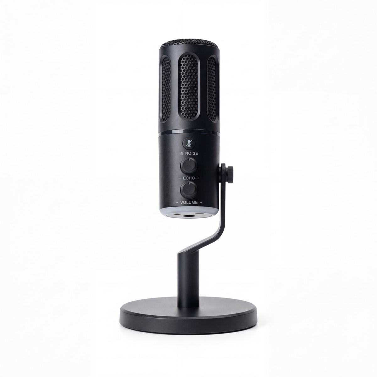 USB-C Desktop Condenser Mic front hero view showing noise echo volume controls on desk stand