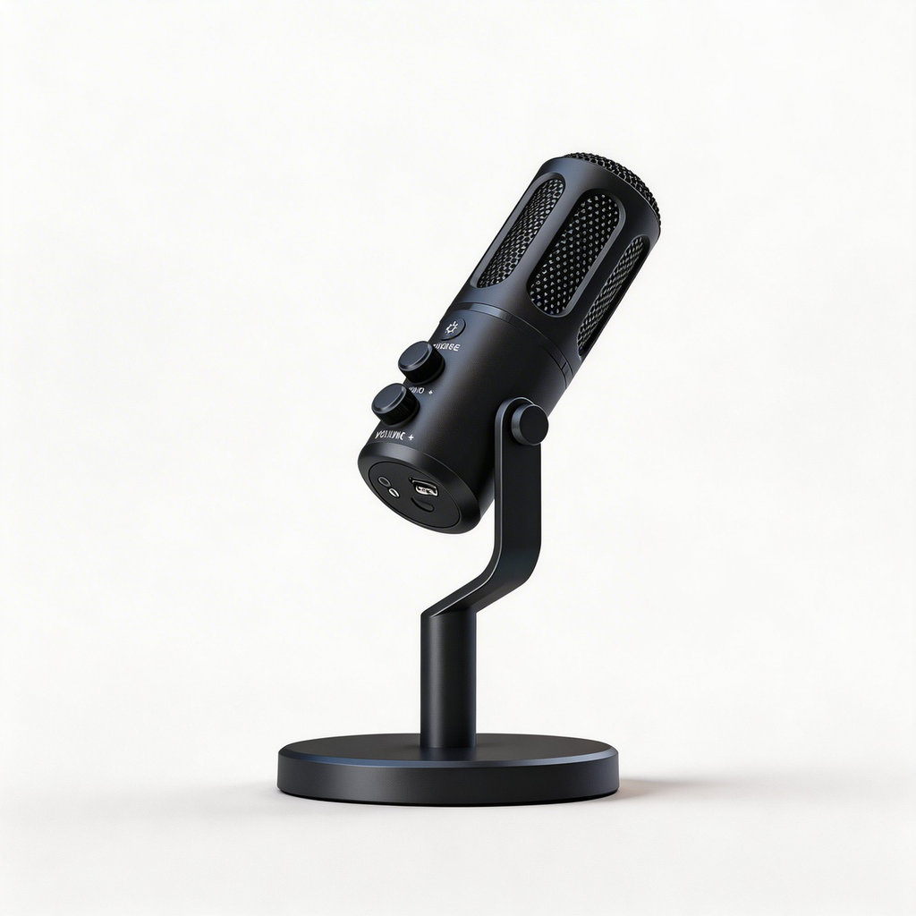 USB-C Desktop Condenser Mic three quarter right view showing USB-C port on desk stand