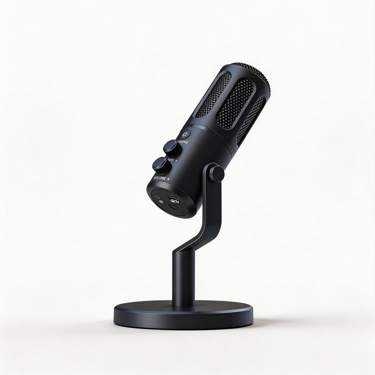 USB-C Desktop Condenser Mic three quarter right view showing USB-C port on desk stand