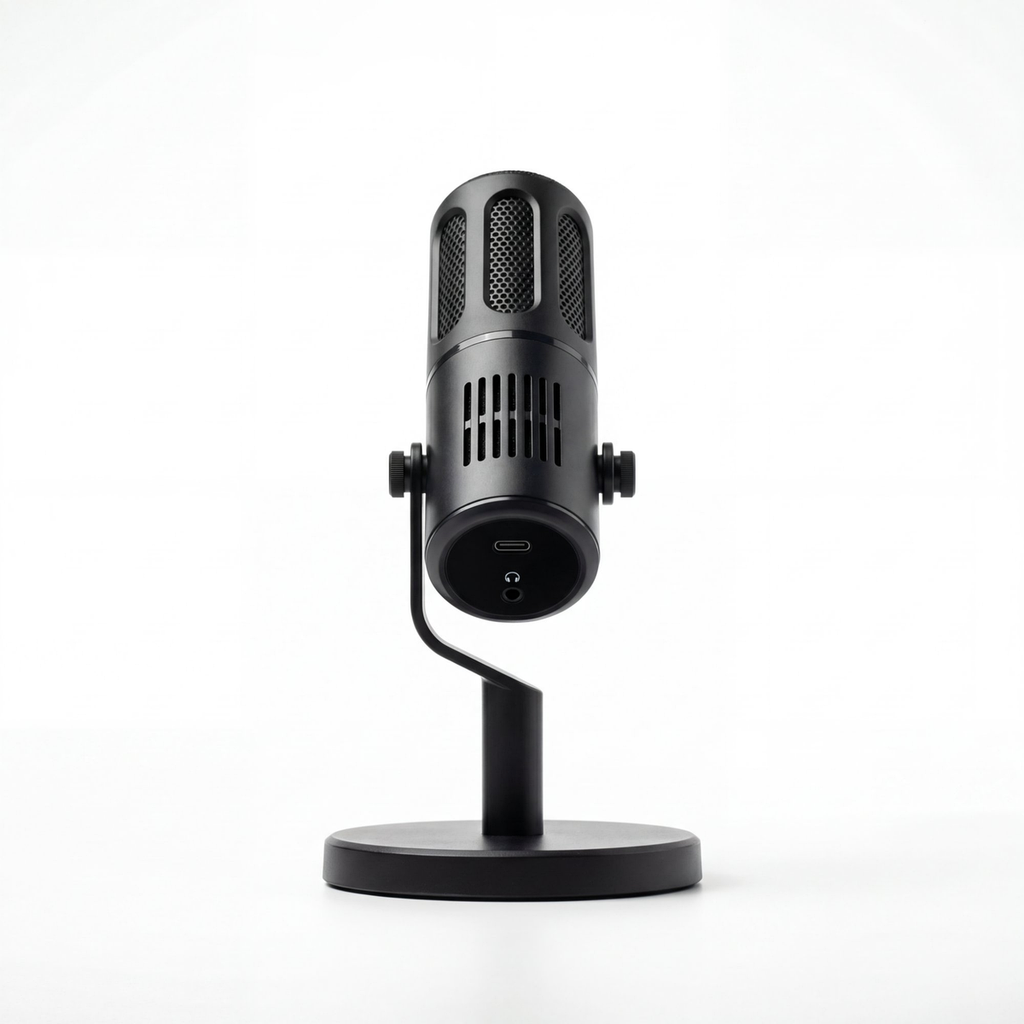 USB-C Desktop Condenser Mic back view showing USB-C connection and headphone monitoring port