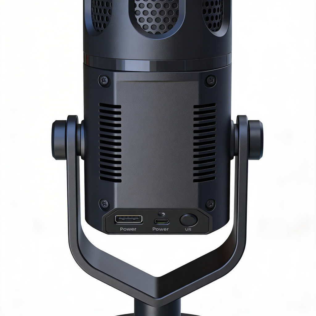 USB-C Desktop Condenser Mic detail close-up of rear power panel and ventilation grille