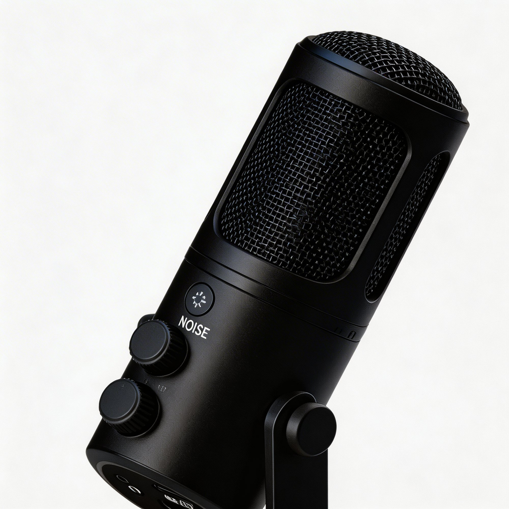 USB-C Desktop Condenser Mic macro detail of noise cancellation button gain and volume knobs